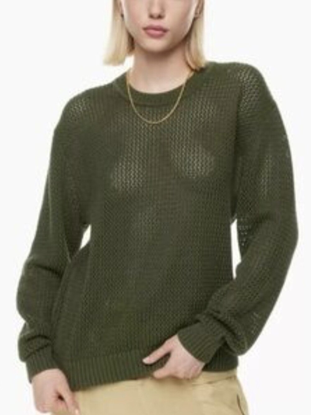 TNA Aritzia Alameda Sweater Olive Open-Knit Crewneck Sweater Size Small